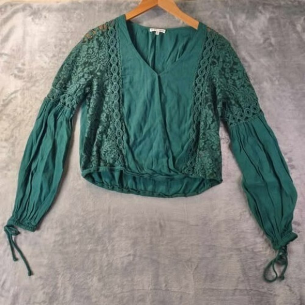 Black Swan Womens XS Green Lace Blouse Boho Semi Sheer Ruched Long Sleeve‎